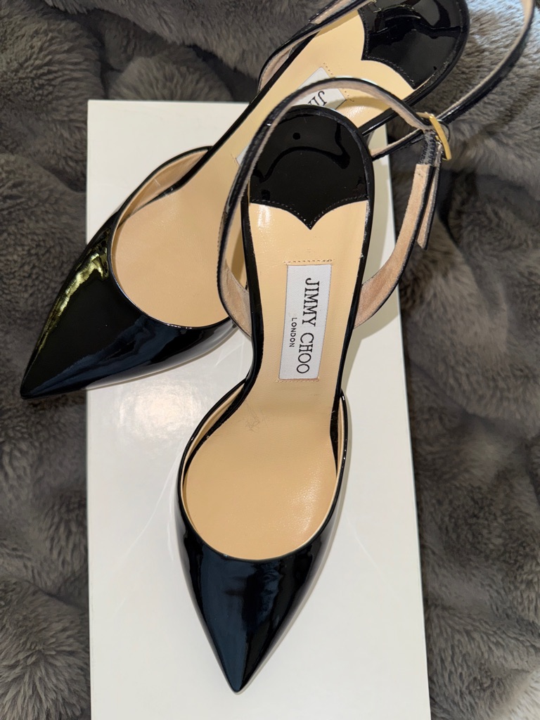 Jimmy Choo Tilly Black Patent Leather Pointed Slingback Heels. Size 38.5 Nwt Nib